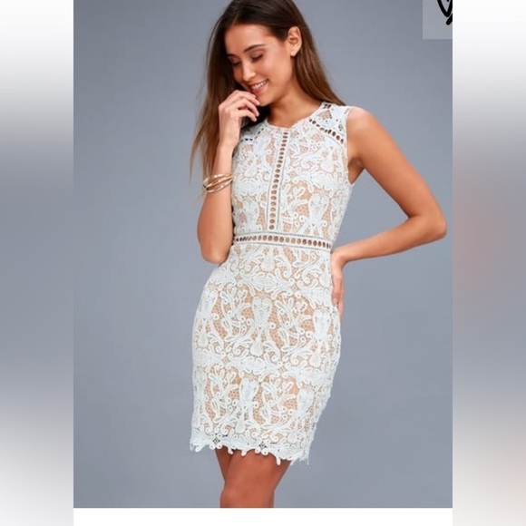 Lulus Dresses & Skirts - Lulu’s Dream Life Dress Lace Overlay NWT Bodycon Light Blue Size Medium